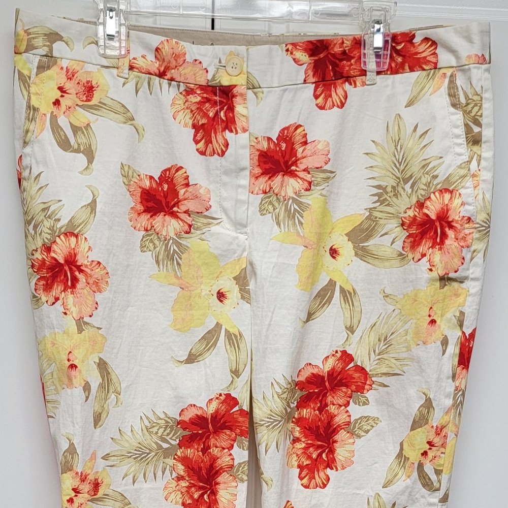 Talbots The Weekend Chinos Stretch White with Red & Yellow Hibiscus Print Sz 14